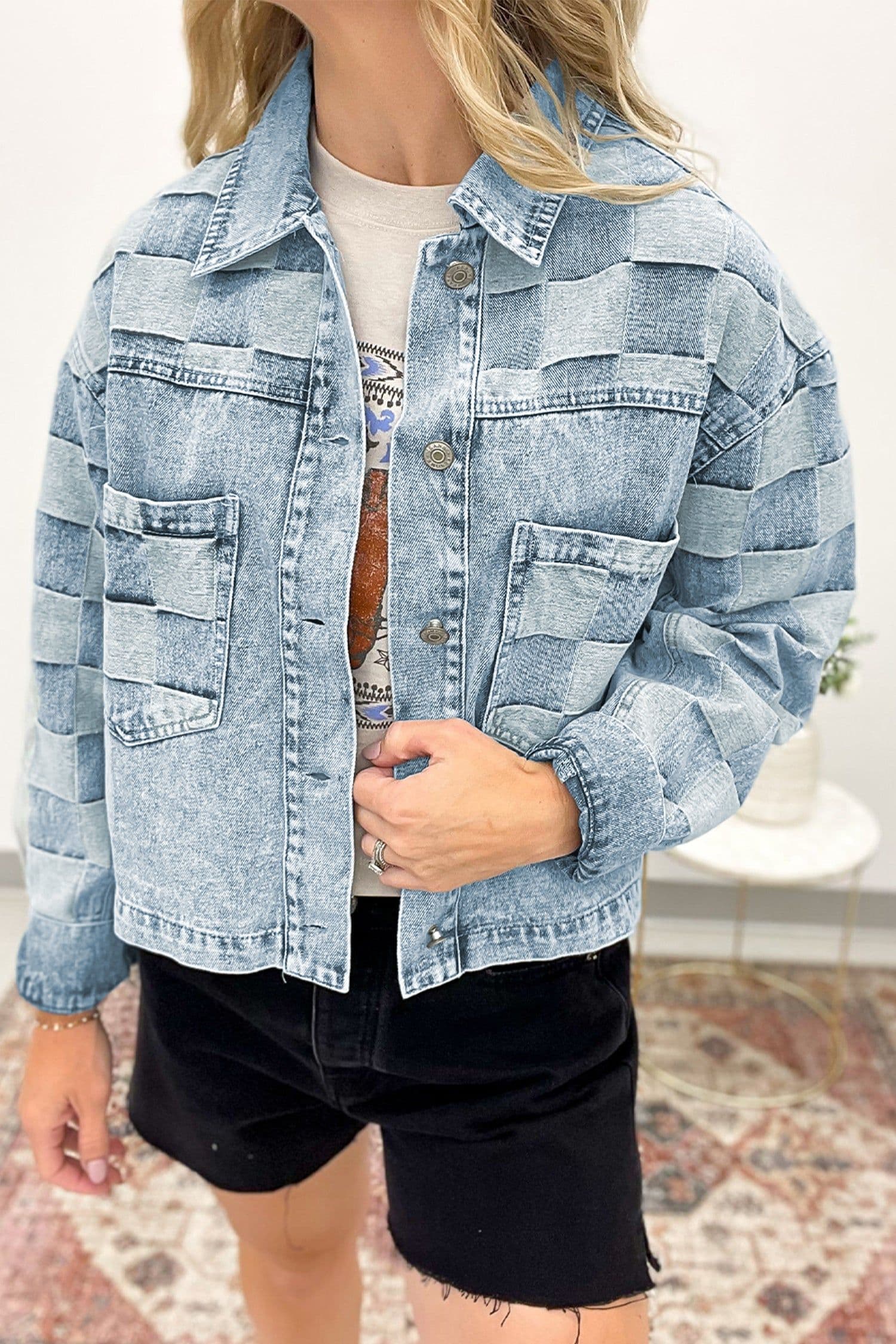 image-Beau Blue Denim Checkered Patchwork Jacket