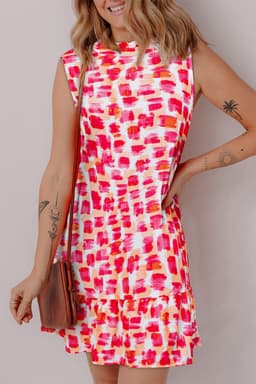 image-Pink Abstract Print Frilly Neck Sleeveless Mini Dress