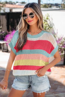 image-Green Stripe Color Block Hollow Out Knit Short Sleeve Sweater