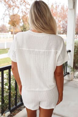 image-Pale Chestnut Textured Patched Pocket Short Sleeve Top Drawstring Shorts Set