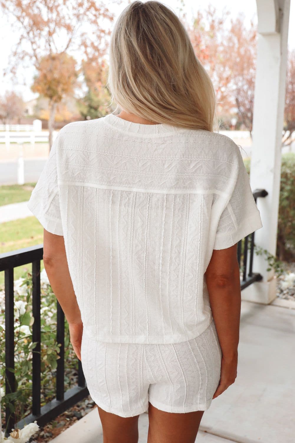 image-Pale Chestnut Textured Patched Pocket Short Sleeve Top Drawstring Shorts Set