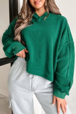 image-Dark Green Sherpa Fleece Drop Shoulder Hoodie