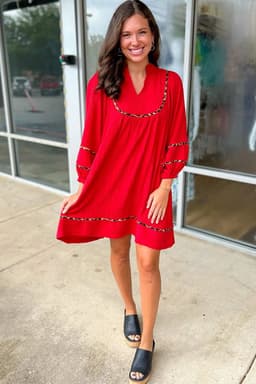 image-Fiery Red Textured V Neck Leopard Trim Shift Mini Dress