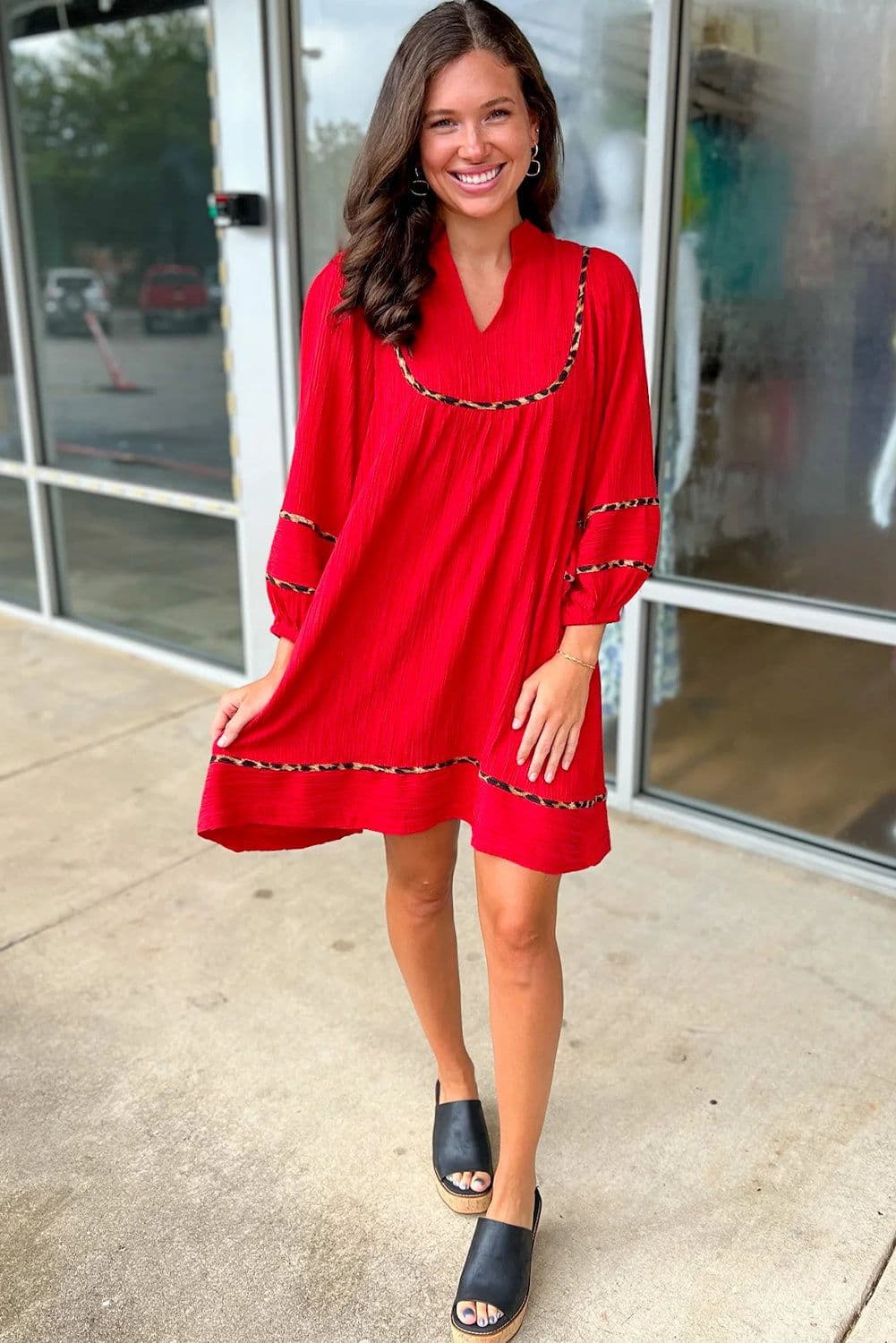 image-Fiery Red Textured V Neck Leopard Trim Shift Mini Dress