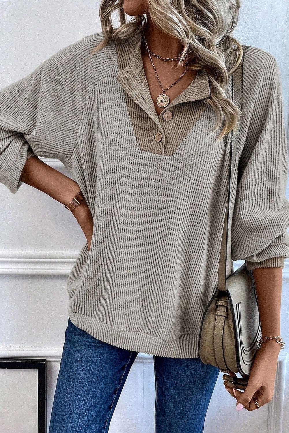 image-Jet Stream Color Contrast Ribbed Loose Fit Long Sleeve Top