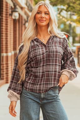 image-Gray Plaid Patchwork Hooded Long Sleeve Blouse