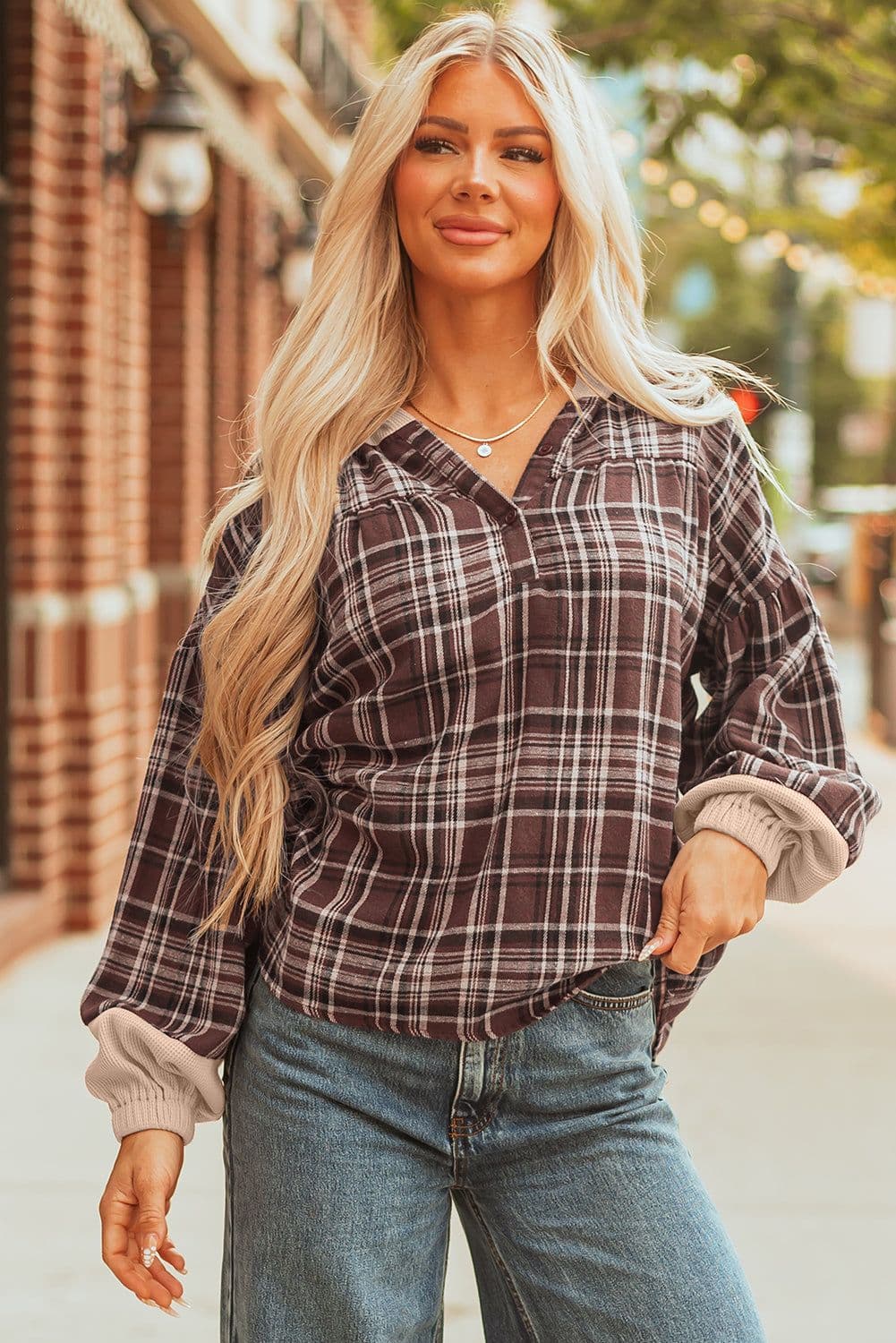 image-Gray Plaid Patchwork Hooded Long Sleeve Blouse