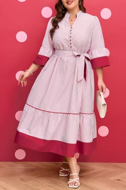 image-Red Stripe Plus Size Ruffled Hem Midi Dress