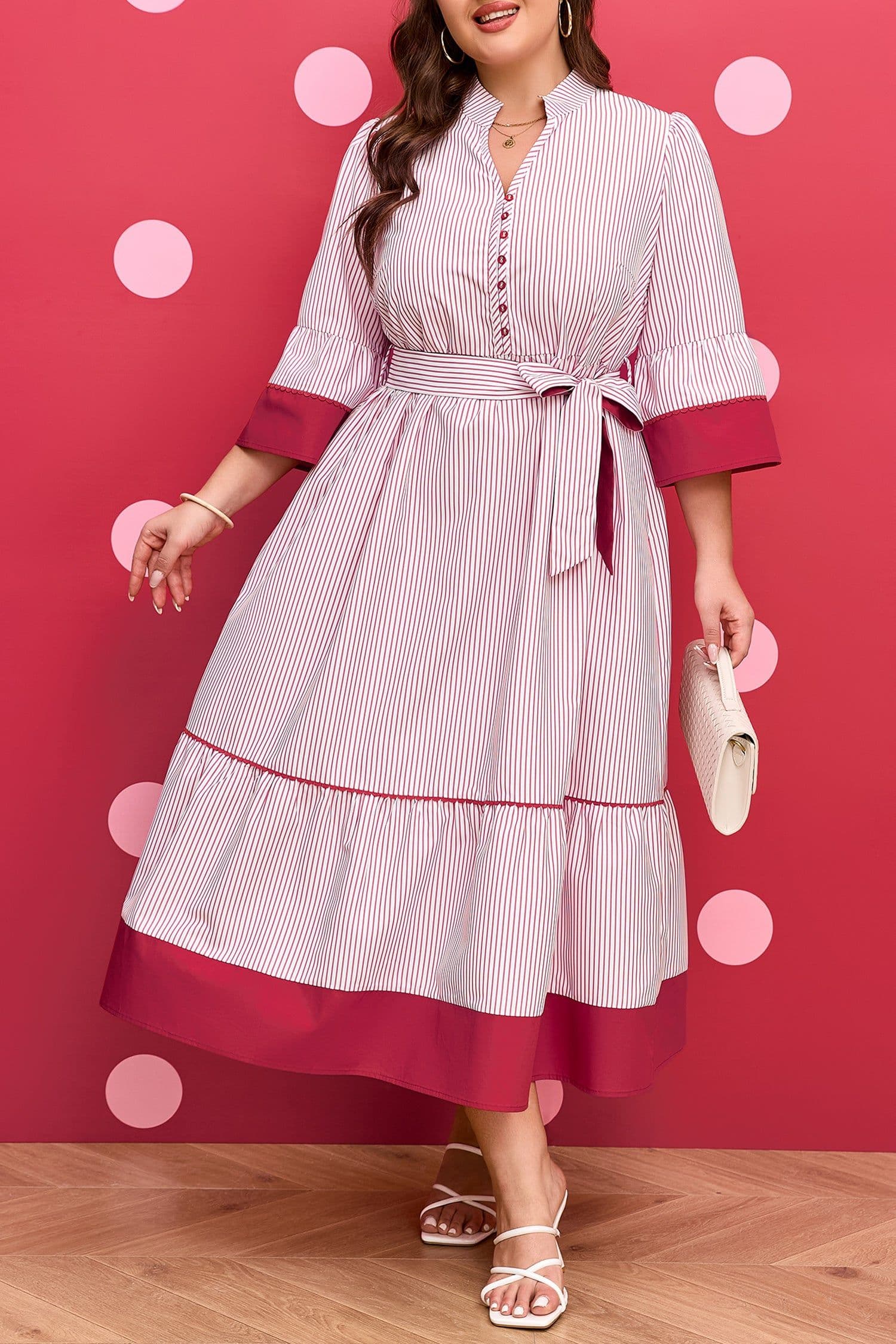 image-Red Stripe Plus Size Ruffled Hem Midi Dress