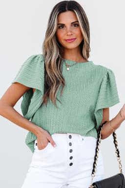 image-Solid Color Textured Flutter Sleeve Top, Size Chart Included