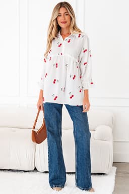 image-White Cherry Print Flounce Sleeve Babydoll Blouse