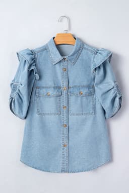 image-Myosotis Ruffle Detail Short Puff Sleeve Button Down Flap Pocket Denim Shirt