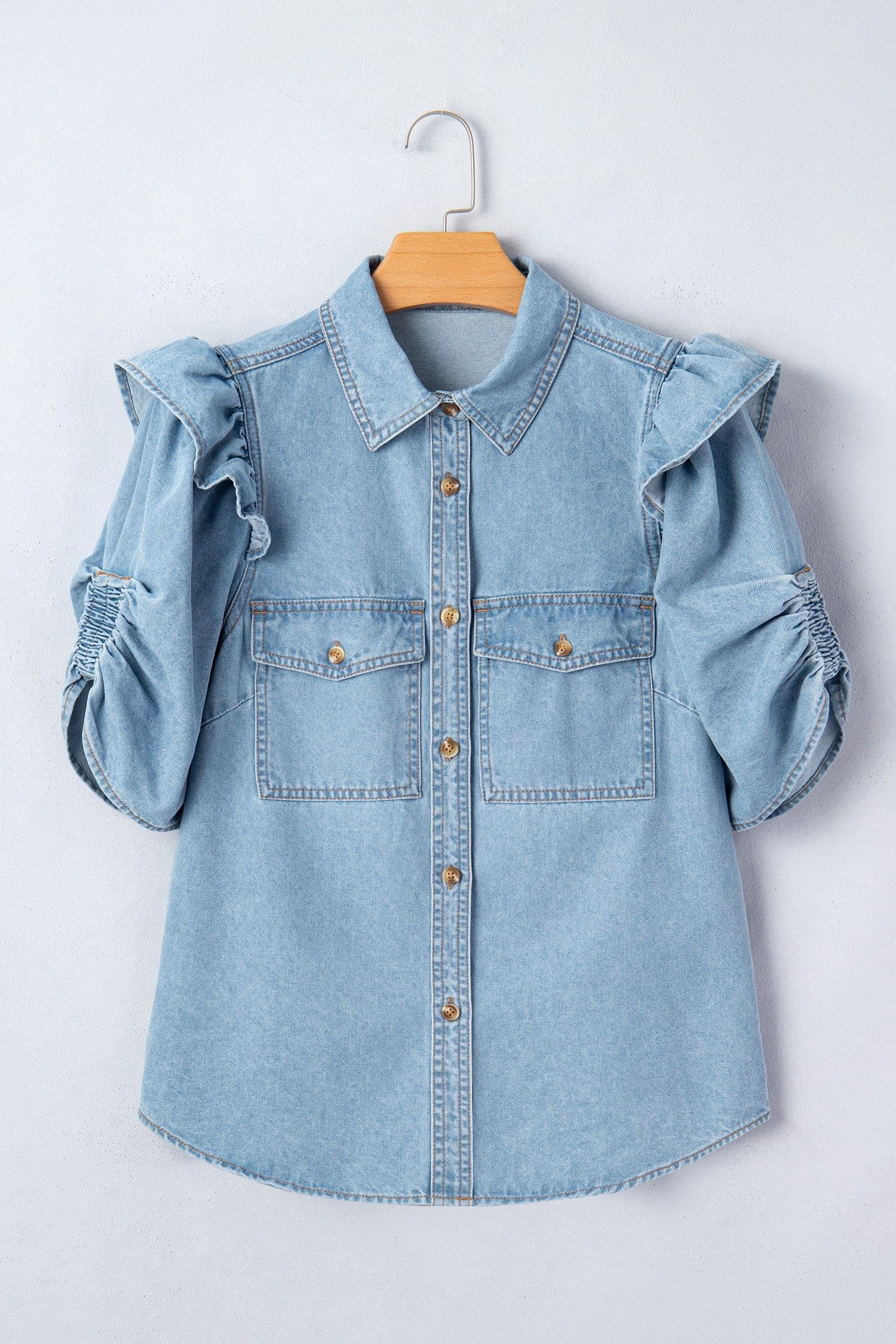 image-Myosotis Ruffle Detail Short Puff Sleeve Button Down Flap Pocket Denim Shirt