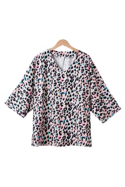 image-Brown Leopard Print V Neck Batwing Sleeve Top