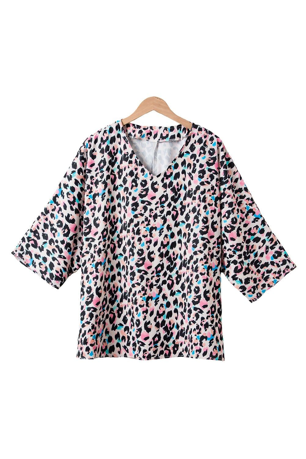 image-Brown Leopard Print V Neck Batwing Sleeve Top