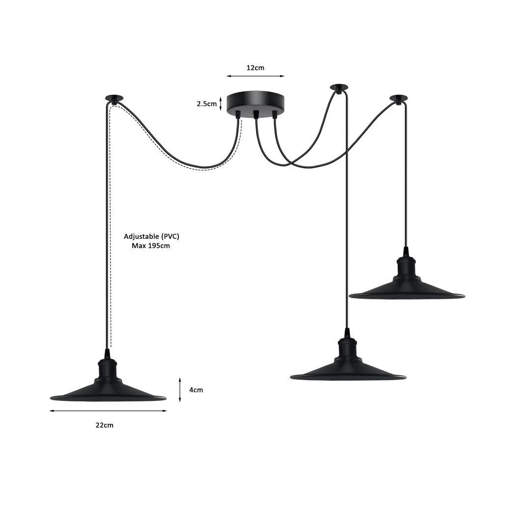 image-Black Vintage 3 Head Cone shaped shade Ceiling Pendant Light Fitting with Adjustable Cord Hanging Light Fixture
