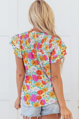 image-Yellow Floral Print Shirred Tiered Ruffled Sleeve Blouse