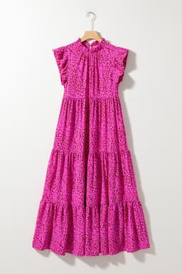 image-Leopard Print Ruffled Tiered Maxi Dress - Rose Red - Elegant Flutter Sleeves