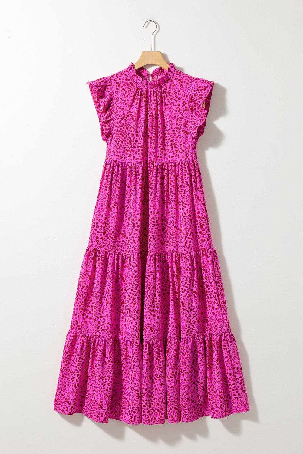 image-Leopard Print Ruffled Tiered Maxi Dress - Rose Red - Elegant Flutter Sleeves