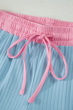 image-Aqua Soft Ribbed Color Block Trim Casual Shorts Set
