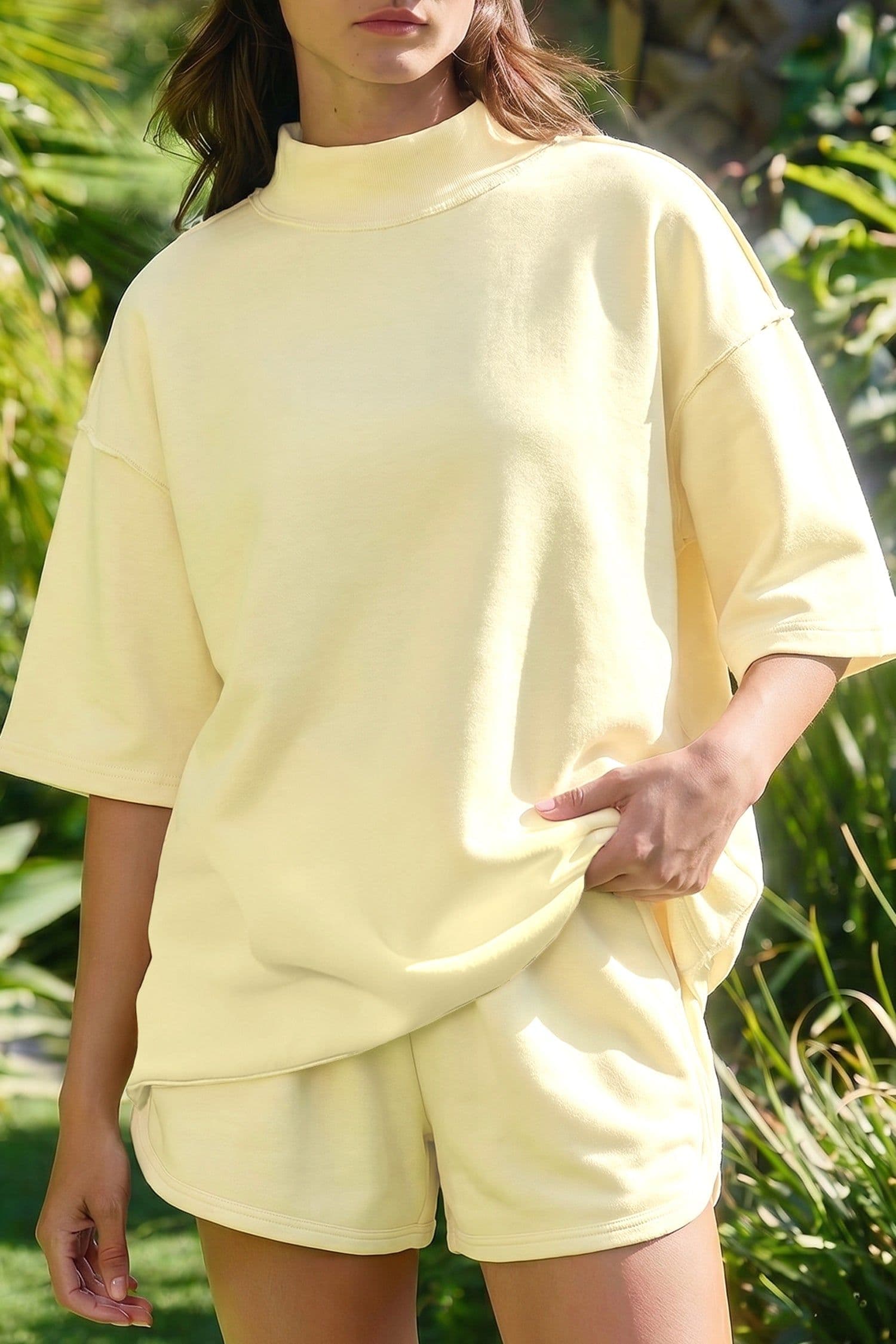 image-Yellow Cream Mock Neck Tee & Shorts 2pc Set