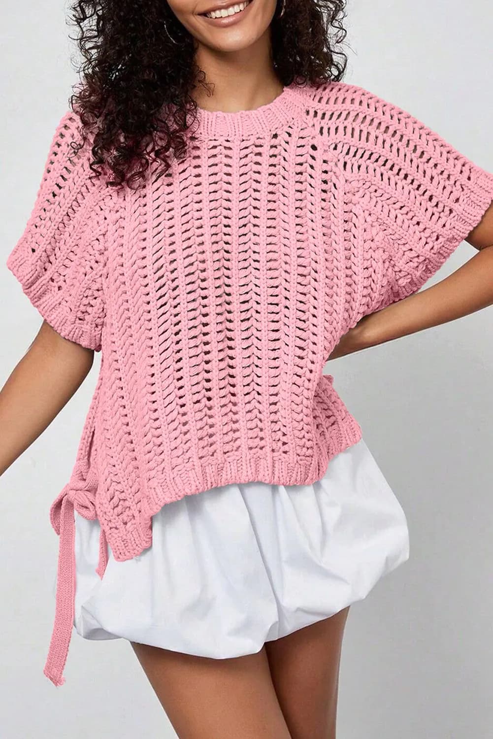 image-Pink Plus Size Open Knit Bow Tie Short Sleeve Sweater