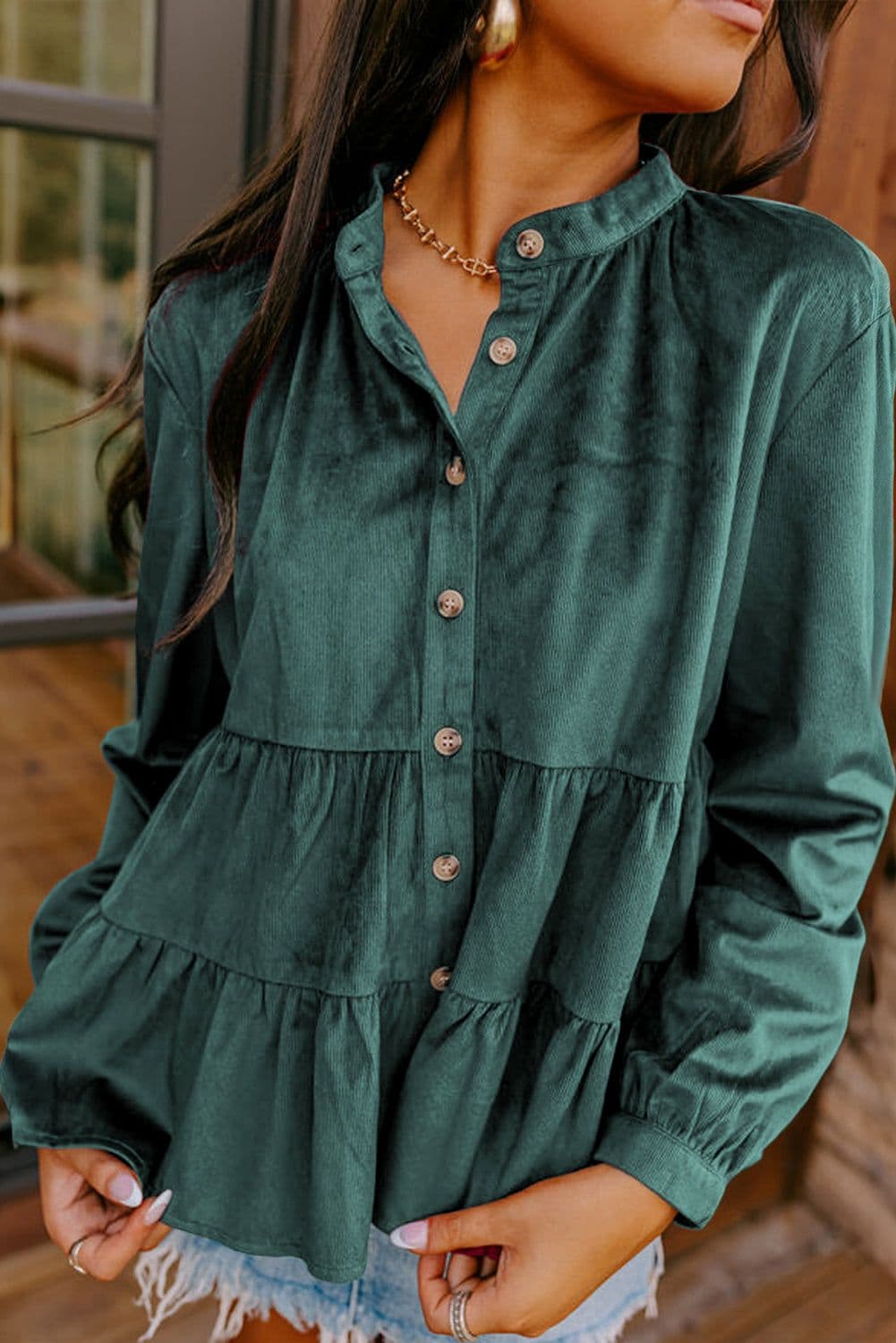 image-Corduroy Ruffle Tiered Button O Neck Shirt - Skobeloff