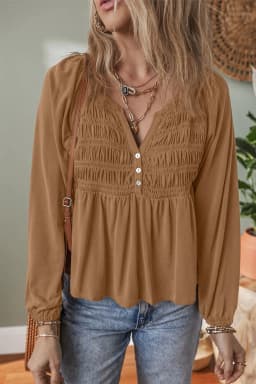 image-Black Smocked Bust Buttoned Split V Neck Blouse