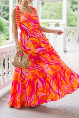 image-Red Abstract Print Knotted Shoulder Maxi Dress