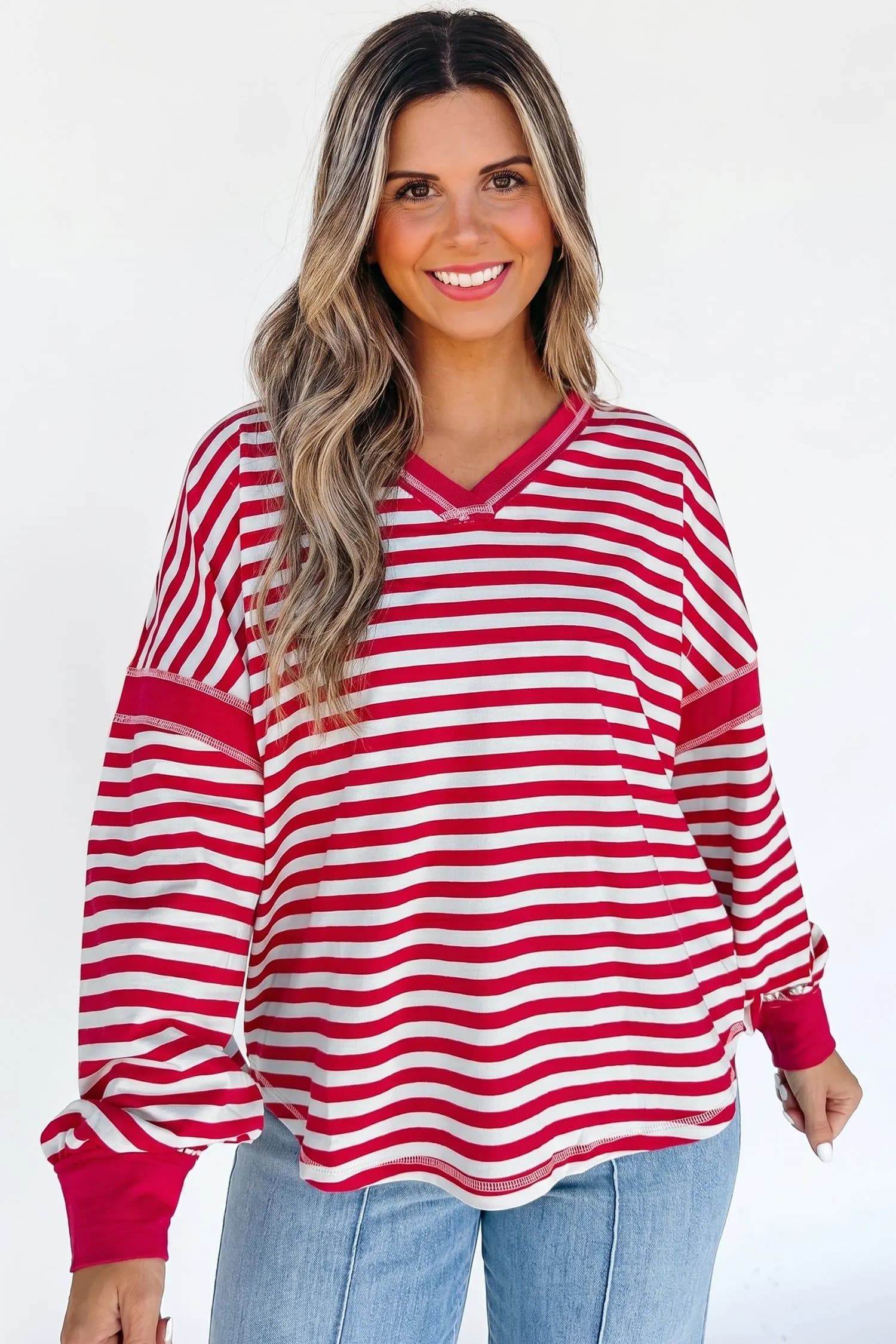 image-Red Stripe V Neck Balloon Sleeve Pullover