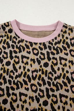 image-Pink Leopard Print Contrast Edge Long Sleeve Pullover Shorts Set