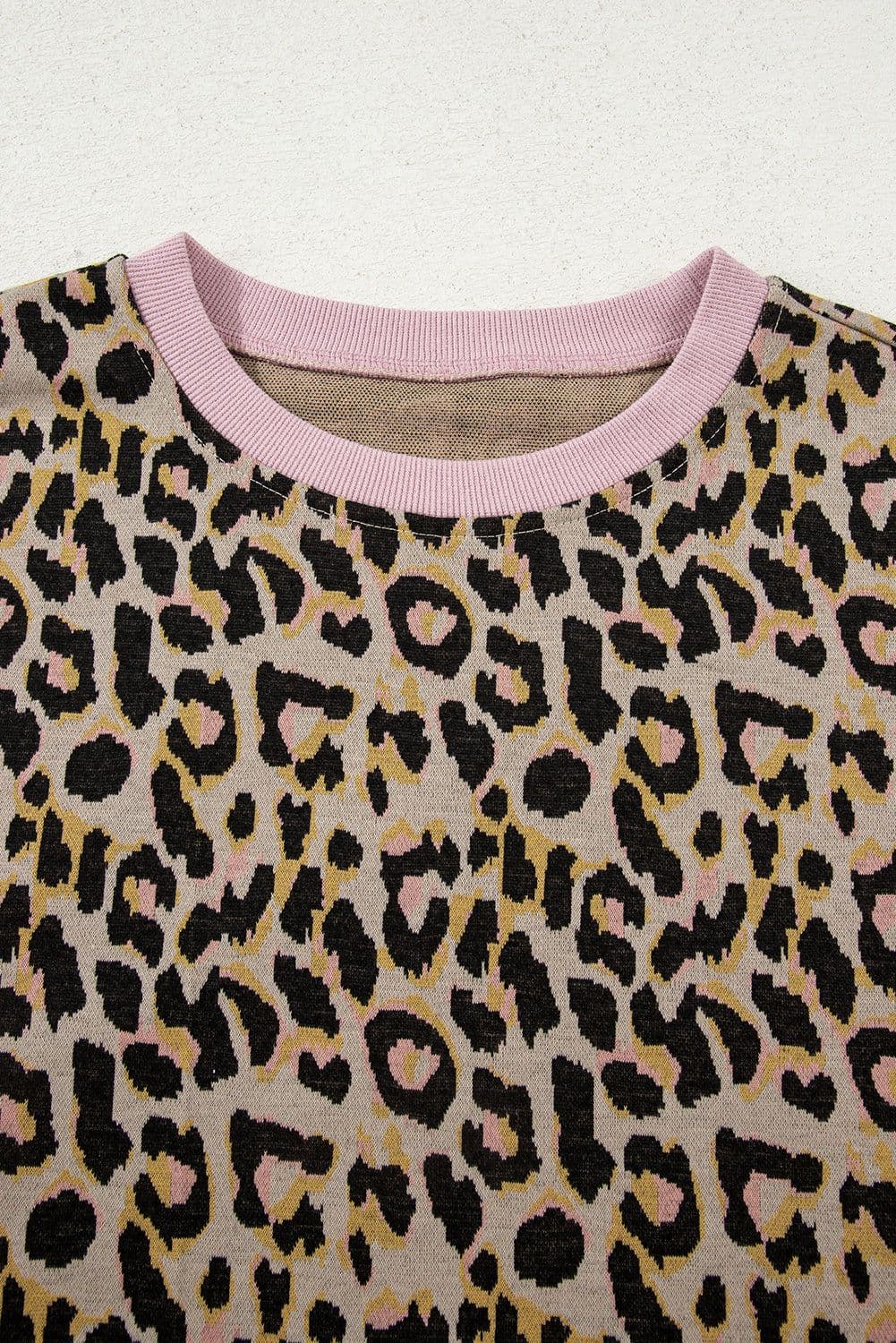 image-Pink Leopard Print Contrast Edge Long Sleeve Pullover Shorts Set