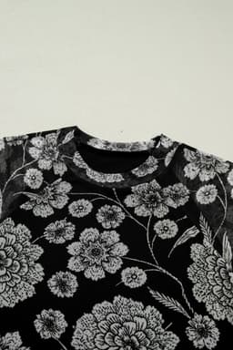 image-Black Thumbhole Long Sleeve Floral Print Mesh Top