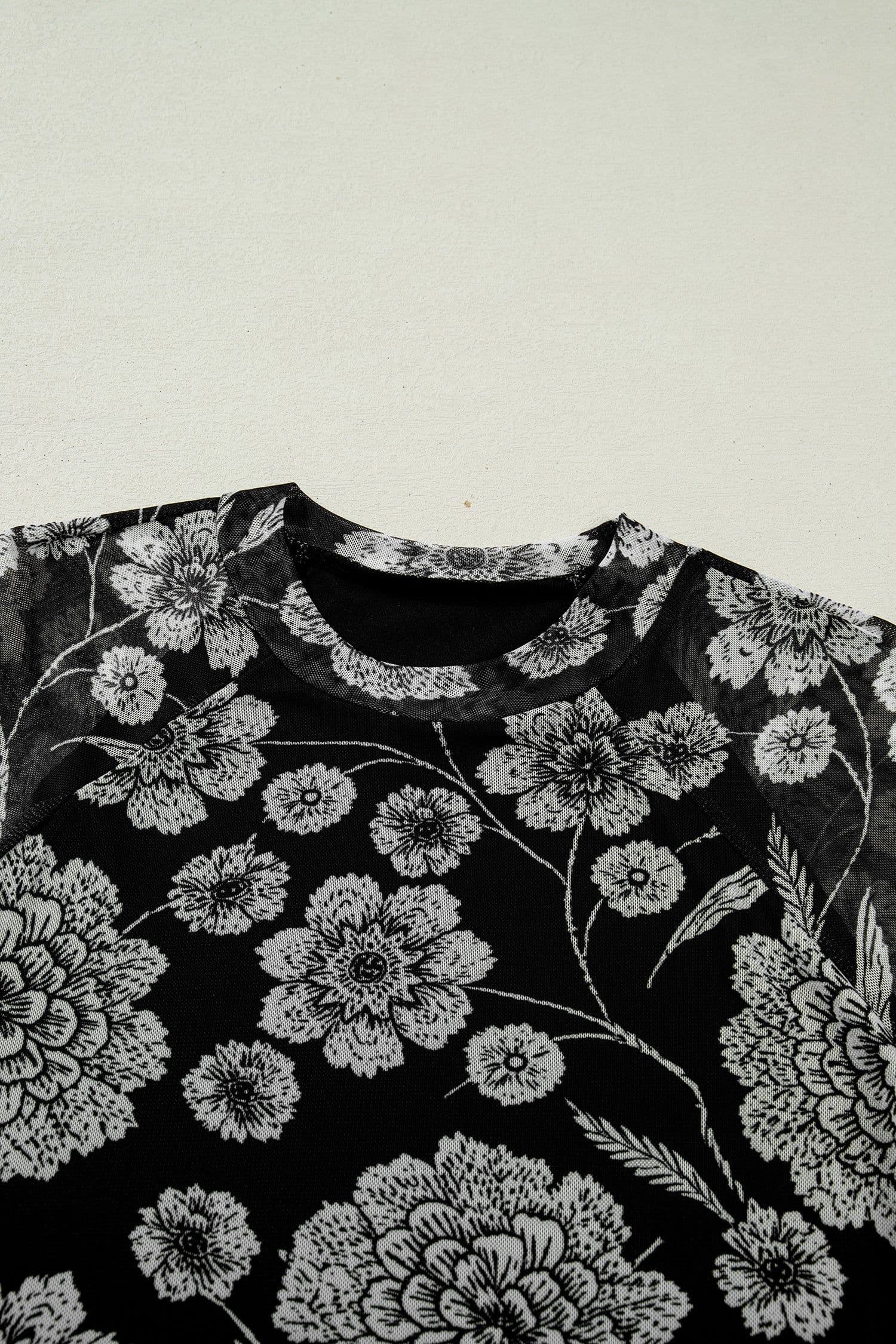 image-Black Thumbhole Long Sleeve Floral Print Mesh Top