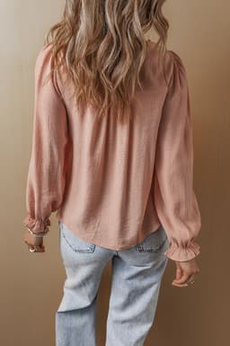 image-Pink Floral Embroidered Blouse - Flounce Sleeve Elegant Top