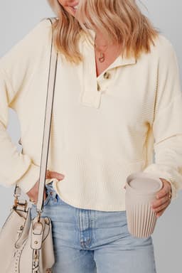 image-Apricot Corded Texture Lantern Sleeve Henley Sweatsuit