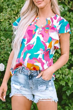 image-Abstract Print Notched Neck Flutter Sleeve Blouse - Multicolour