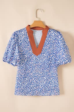 image-Ashleigh Blue Leopard Print V-Neck Puff Sleeve Shirt