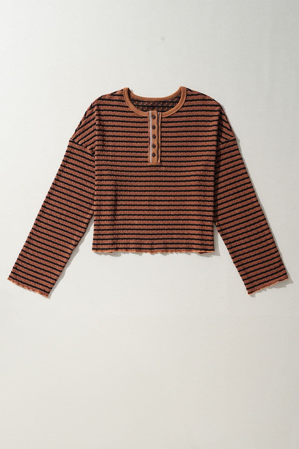 image-Brown Stripe Frilly Trim Henley Long Sleeve Top - Casual Playful Design