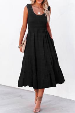 image-Rose Shirred Pleated Square Neck Sleeveless Midi Dress