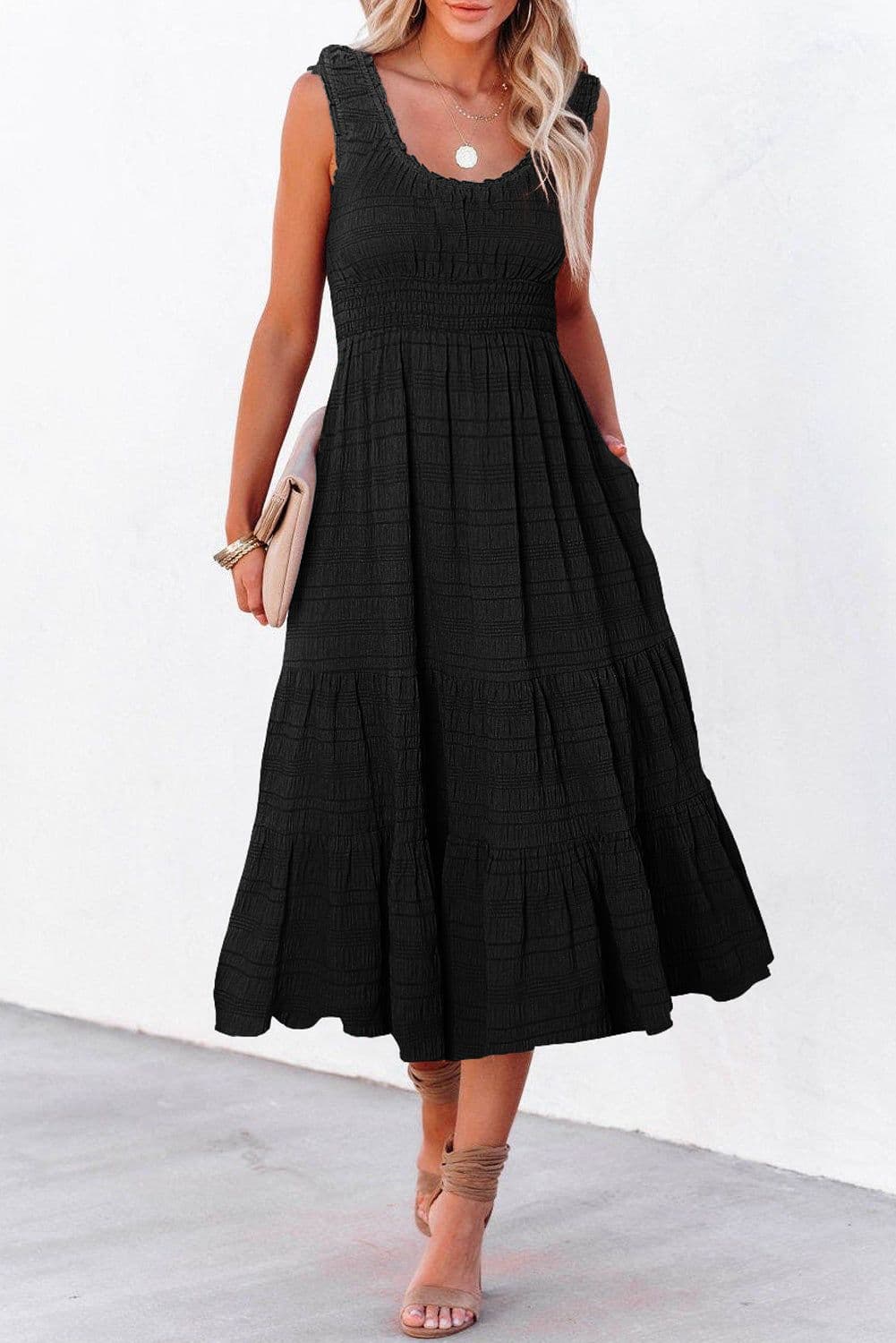 image-Rose Shirred Pleated Square Neck Sleeveless Midi Dress