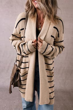 image-Black Stripe Shawl Neckline Open Cardigan with Pockets