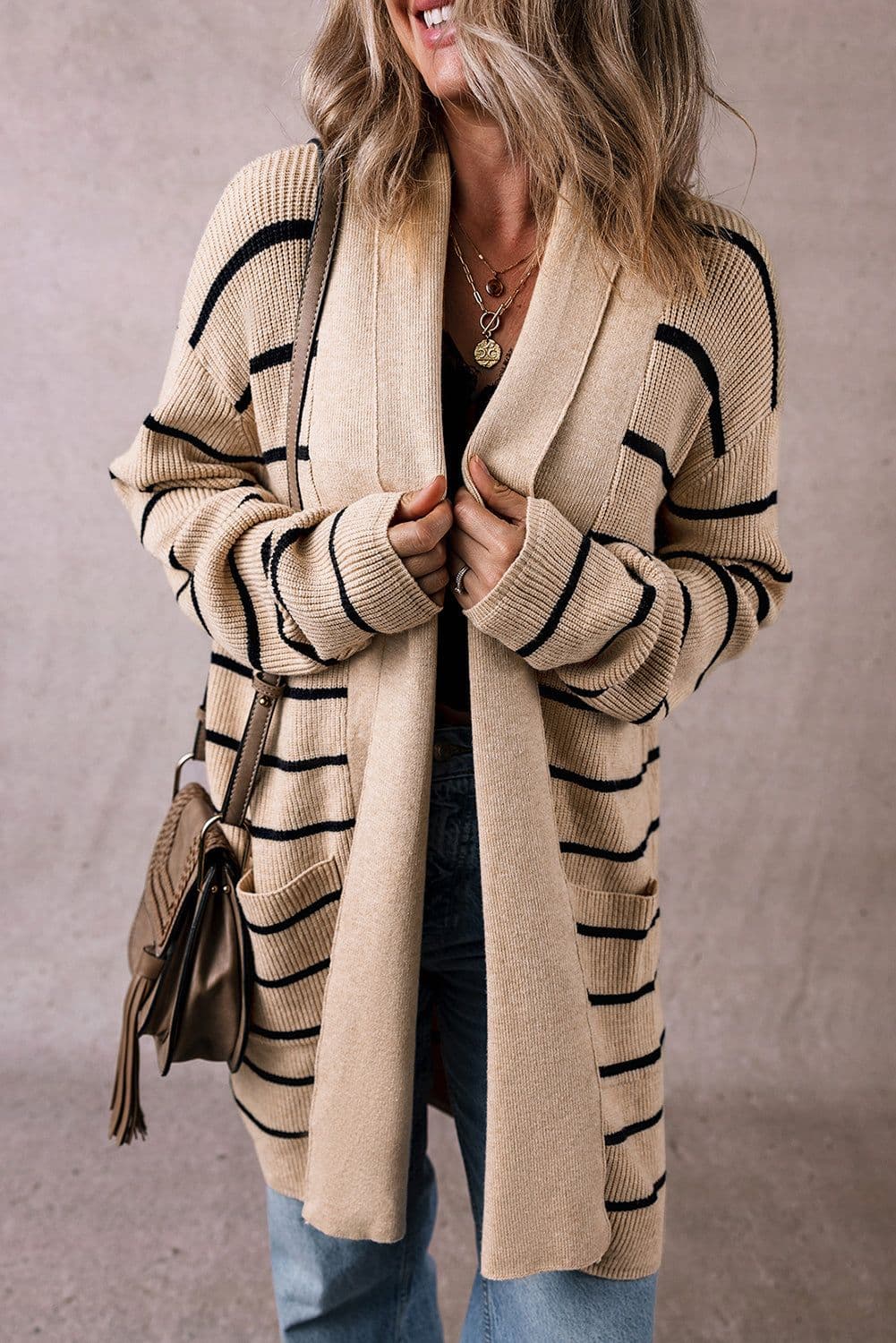 image-Black Stripe Shawl Neckline Open Cardigan with Pockets