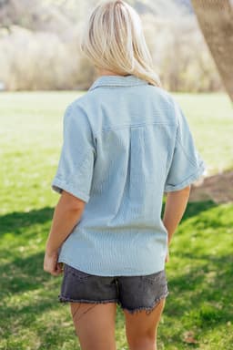 image-Sky Blue Stripe Short Sleeve Button Up Shirt