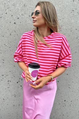image-Pink Striped Print Crew Neck Sweatshirt - Drop Shoulder Loose Fit