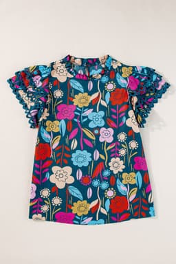 image-Floral Blouse - Green Trimmed Ruffle Sleeves Summer Top - Sizes Available