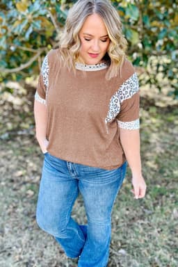 image-Chestnut Animal Color Block Patchwork Plus Size Tee