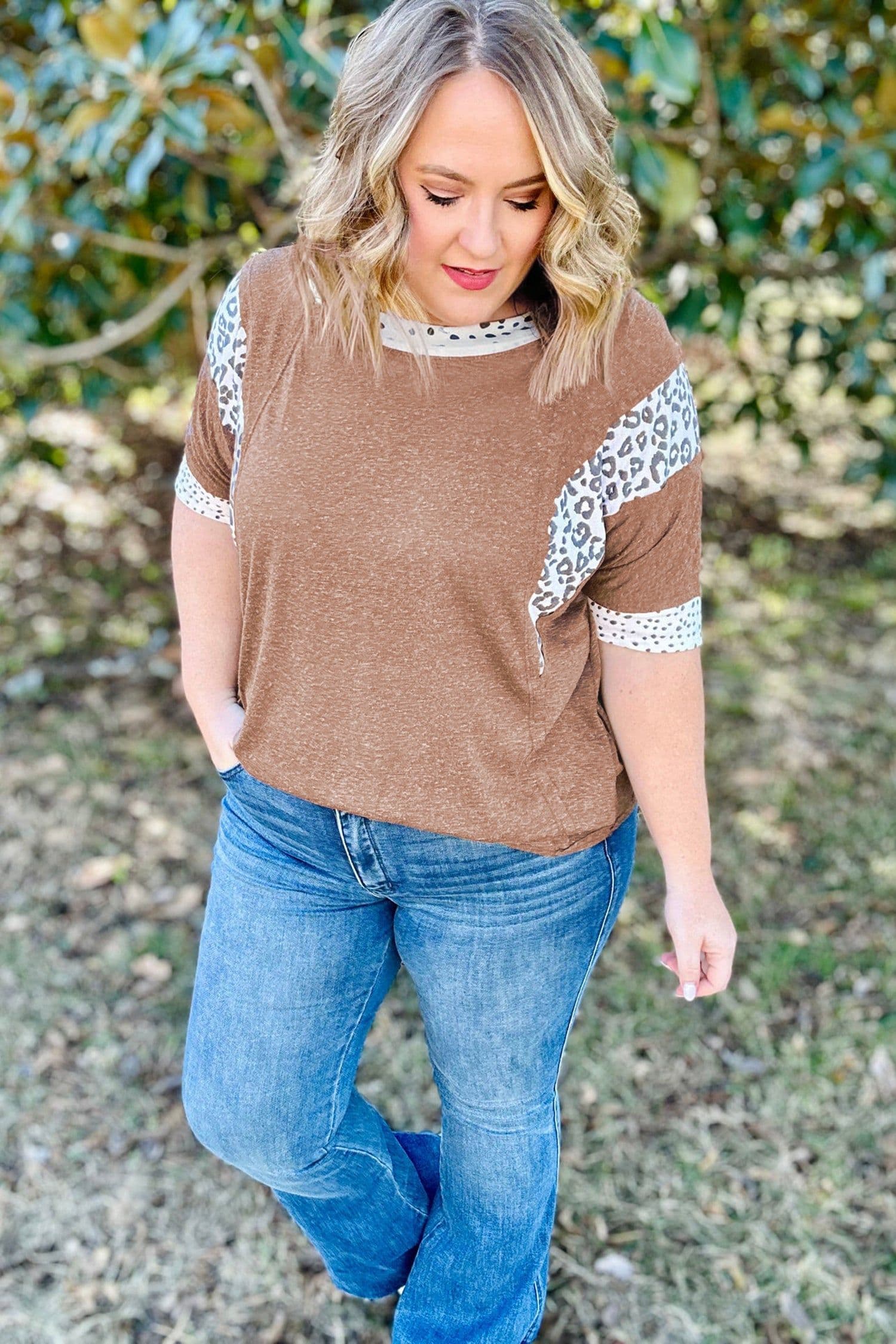 image-Chestnut Animal Color Block Patchwork Plus Size Tee