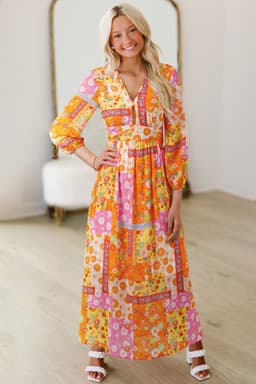 image-Orange Floral Patchwork Maxi Dress - Cutout Tie Back