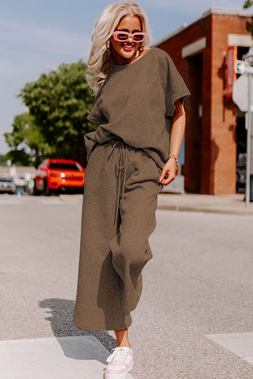 image-Strawberry Pink Textured Loose Fit T Shirt and Drawstring Pants Set